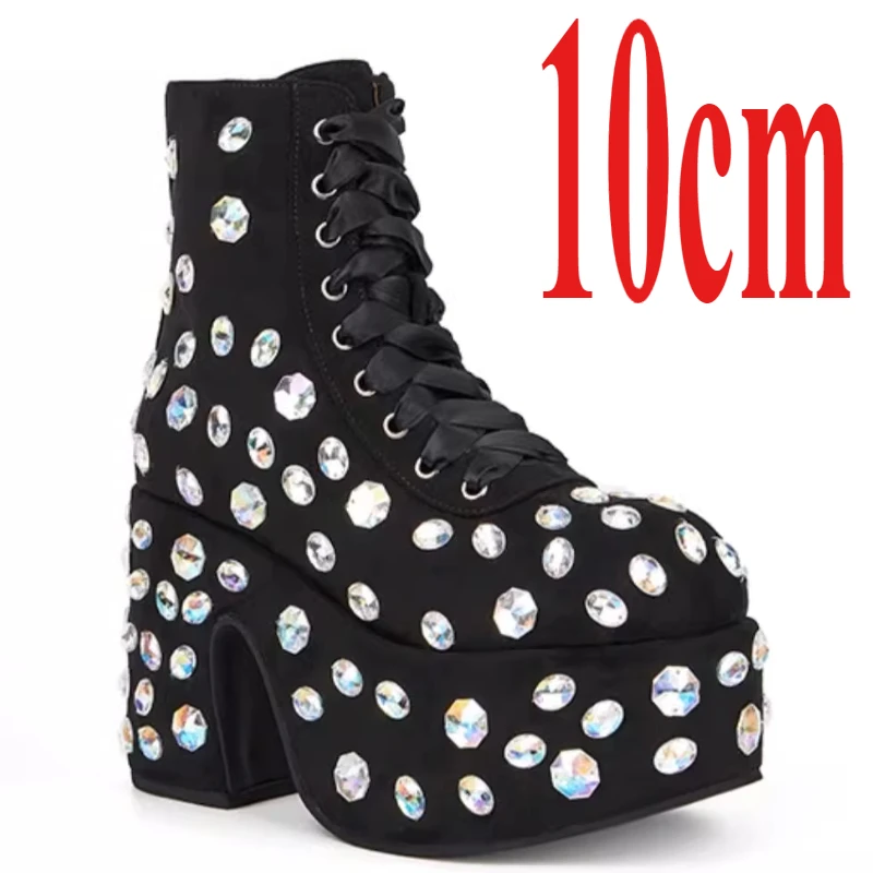 Crystal Design Suede Boots Shoes for Women's 10cm Genuine Leather High Waterproof Thick Platform Height Increasing Fashion Boots