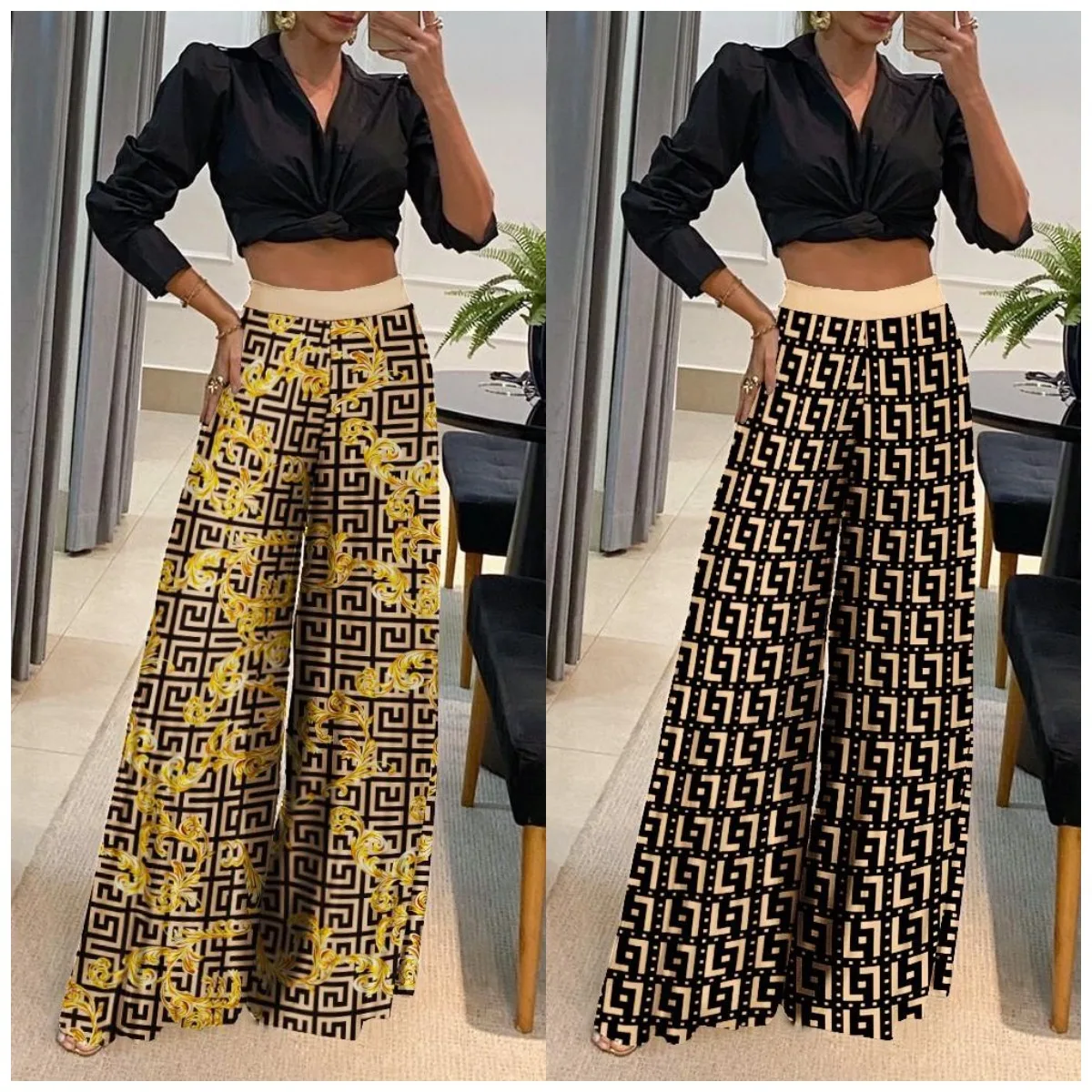 

2023 Women Fashion Femme Two Pieces Set Long Sleeve Shirt And High Waist Geometric Print Wide Leg Pants Set Outfit Autumn New