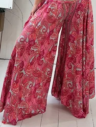 Elastic Waist Loose Vintage Pleated Trousers Women Spring Summer Loungewear Printing Bohemian Ladies Wide Leg Pants Streetwear