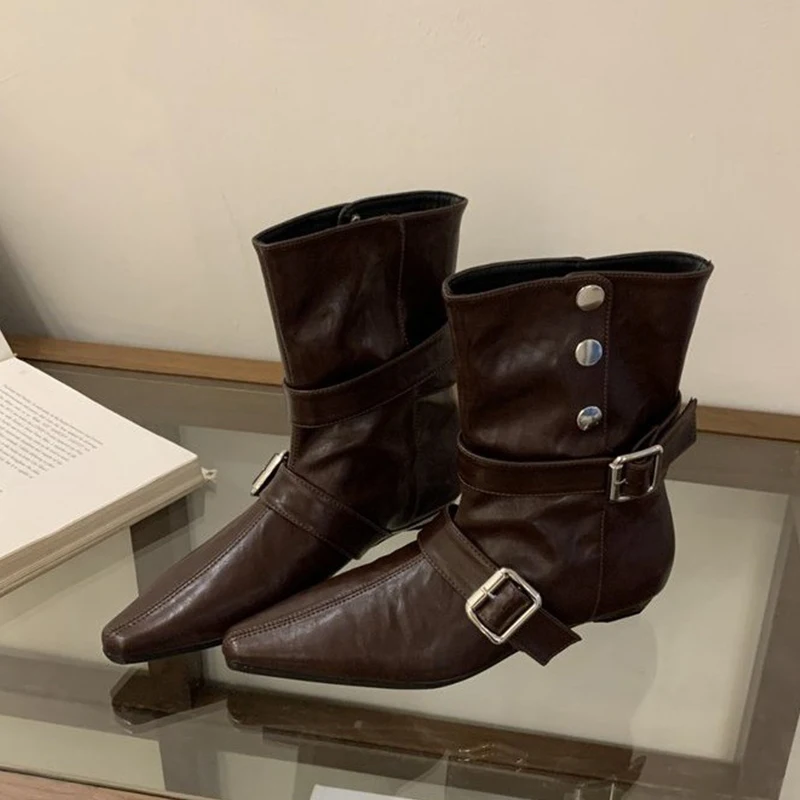 

Designer Women's Boots Flats Shoes Sexy Ankle Boots Woman 2025 Winter Buckle Chelsea Boots Goth Leather Shoes Mujer Snow Botas