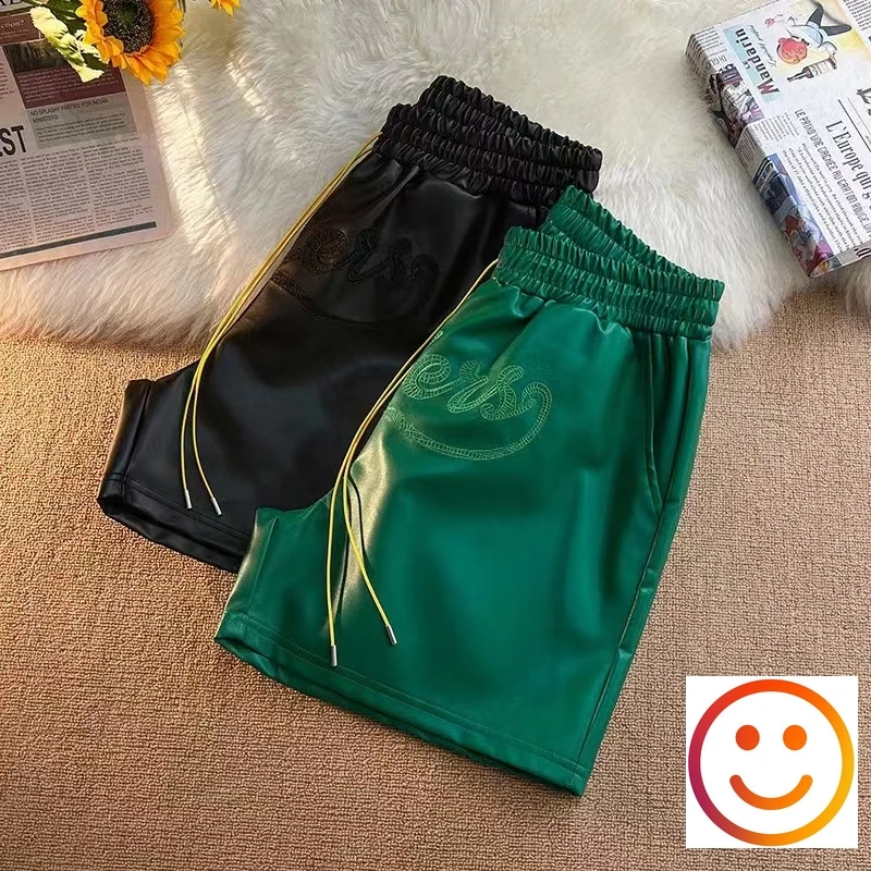 Leather Black Green Borad Shorts Pockets Embroidery Logo Men Women High Quality Yellow Drawstring Beach Shortpant Breeches