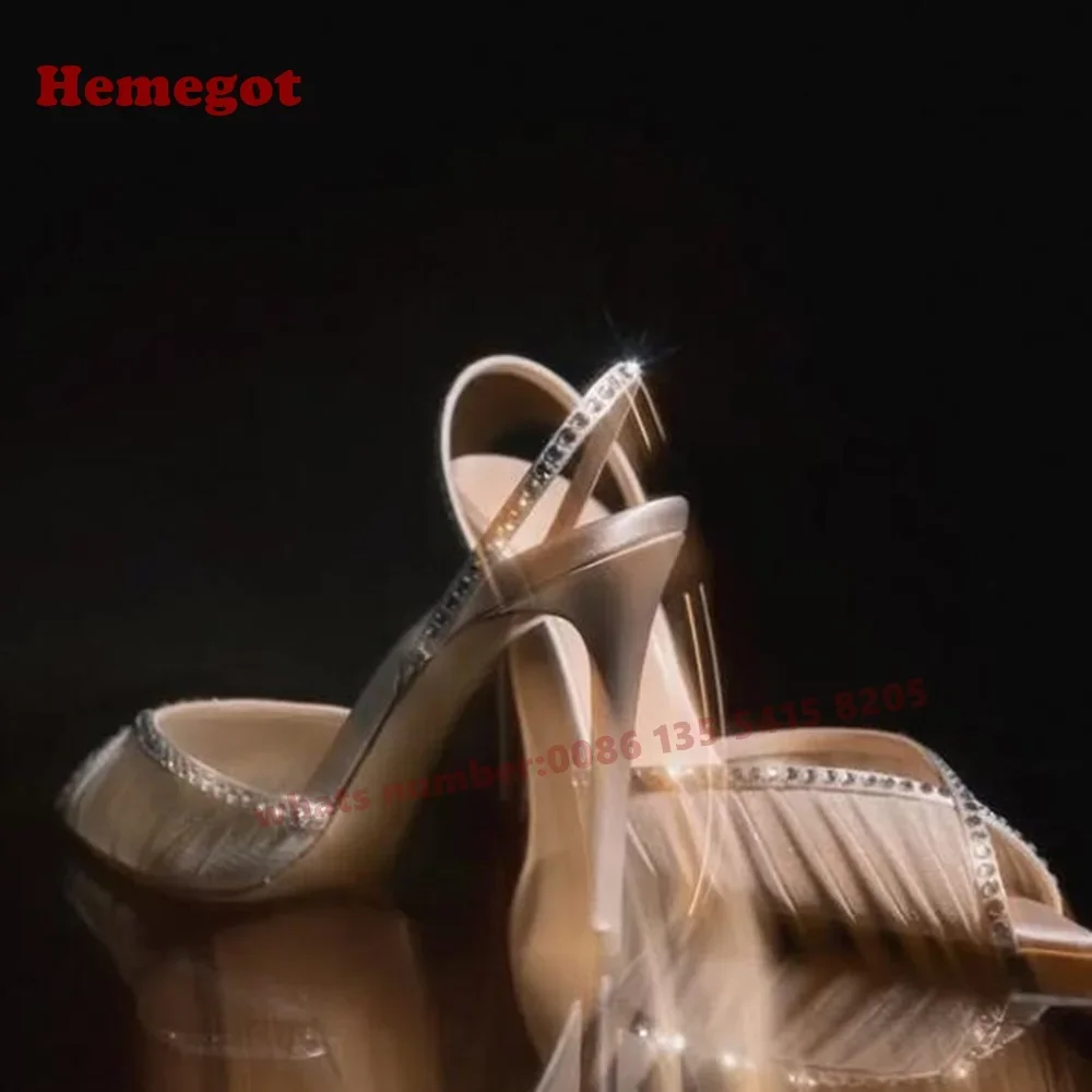 Green Rhinestones Slingback Sandals Open Toe Air Mesh Stiletto Heels Women\'s Sandals Crystals Satin Solid Summer Shoes Luxury