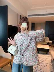 French Retro Sweet Floral Printed Long Sleeve Jacket Women Coats Cardigan Loose Casual Female Autumn Winter Parkas Outwear 2024