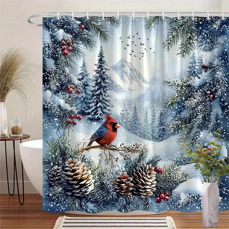 1pc 2D Flat Shower Curtain, Red Cardinal Winter Forest Snowy Branch Printed Shower Curtain, Decor for Bathroom