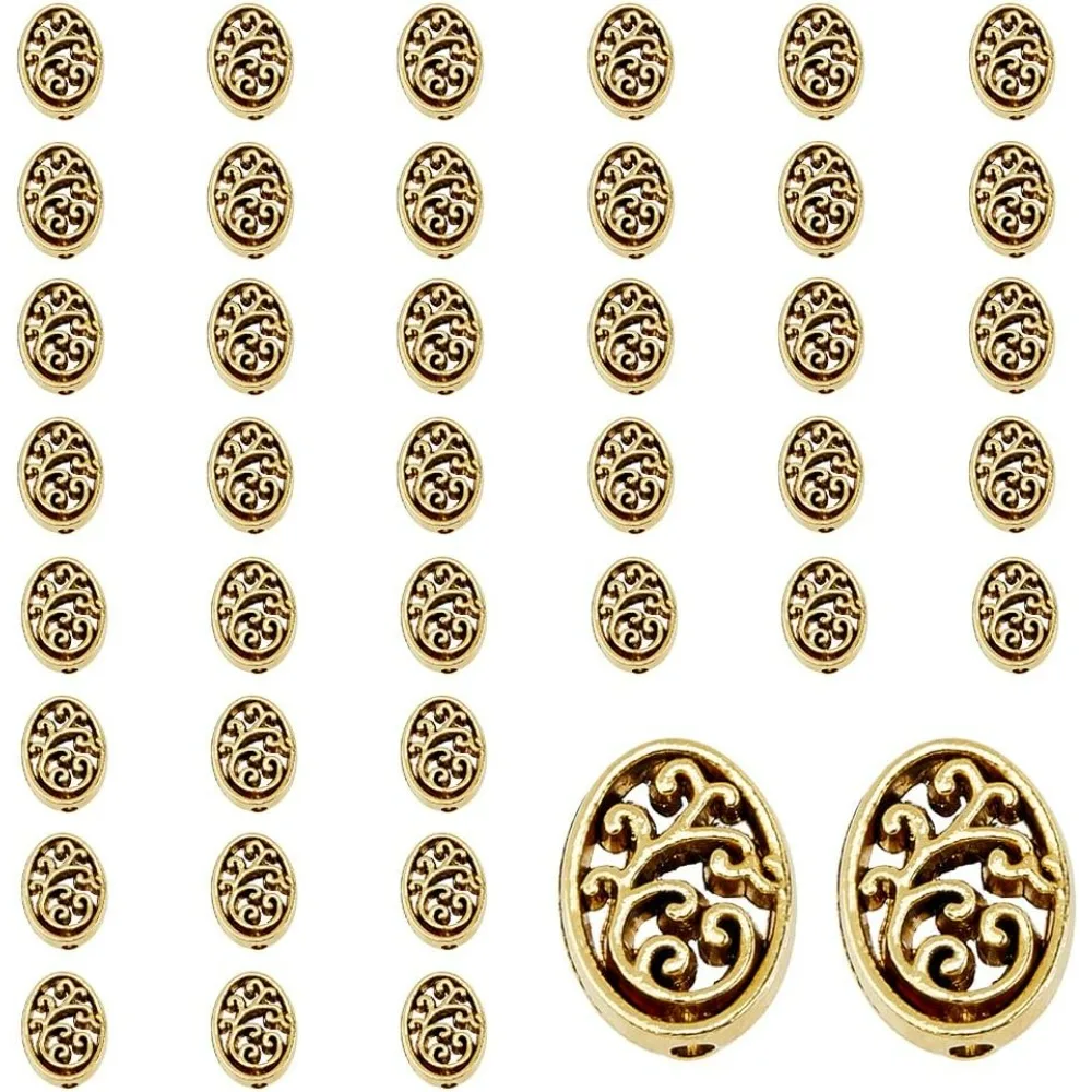 80Pcs Hollow Oval Spacer Beads Antique Golden Spacer Bead Filigree Loose Spacer Beads Small Hole  1.6mm Alloy