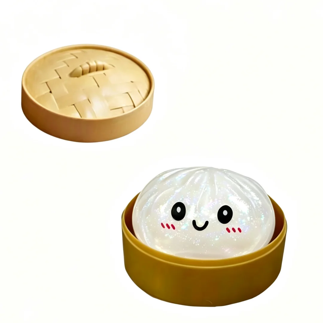 Simulierter Knödel-Squishy: Weicher, elastischer Stressball mit Bambus-Dampfgarer-Box – Anti-Stress-Spielzeug für kreative Geschenke