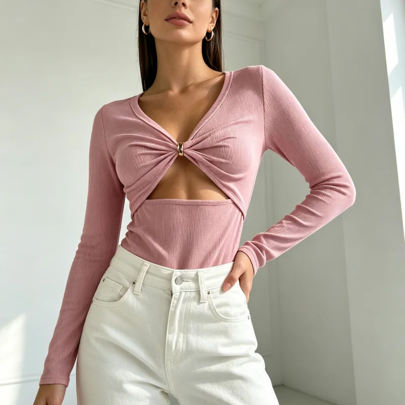 Women Long Sleeve Ribbed Top V Neck Twist Front Metal Ring Cutout Slim Fit Cropped Tee Y2K Casual Going Out Blouse