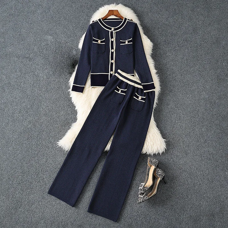 ZJYT Autumn Winter Knitted Cardigan Sweater Pant Sets 2 Piece for Women Elegant Long Sleeve Blue Outfits Casual Trousers Suits