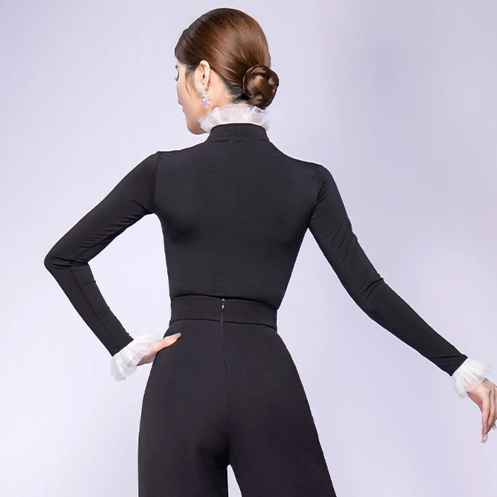 بدلة رقص لاتينية لممارسة الرقص على الطراز الجديد للسيدات بدلة رقص تشا تشا برقبة على شكل حرف v بقصة ضيقة وأكمام طويلة أداء سامبا