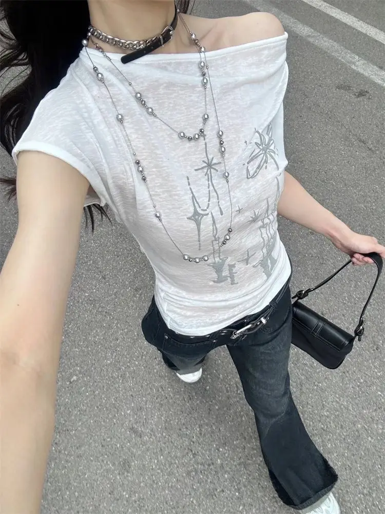 American Swinging Neck Candle Print Short-sleeved T-shirt Women's Summer New Slim-fit Spice Girl Top