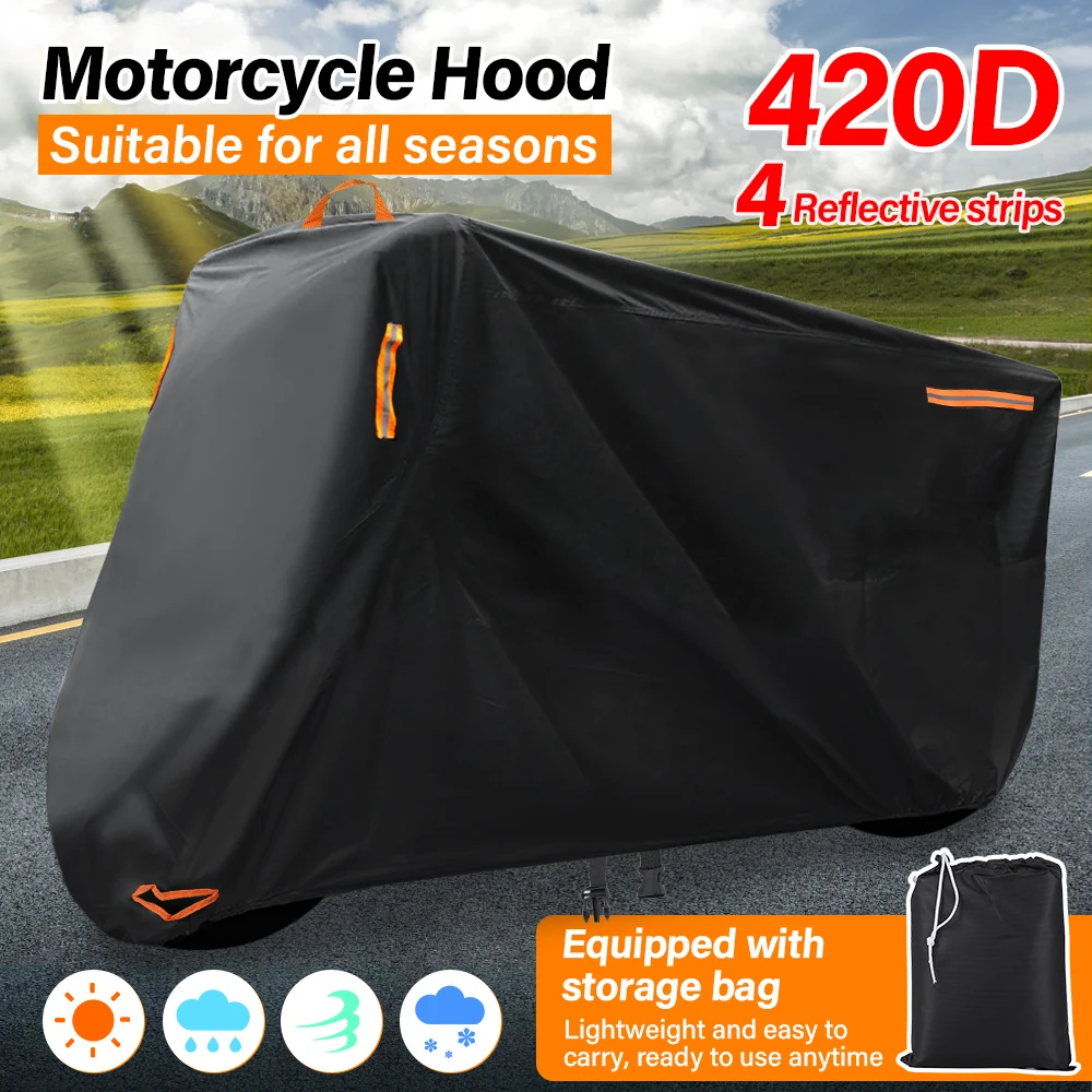 420D Motorcycle Cover Waterproof Outdoor Motorcycle Protective Cover with Coated Silver Cloth Sun Rain Dust Prevention Oxford