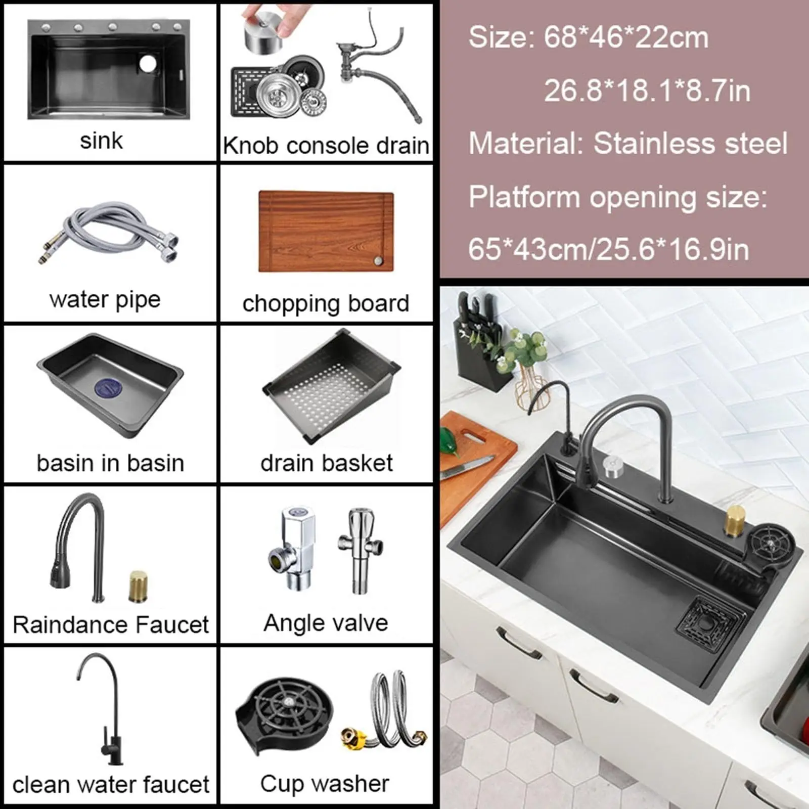 Waterfall Kitchen Sink Set 304 Stainless Steel Sink Home Sink Vegetable Basin with Pull-Out Faucet - view 2