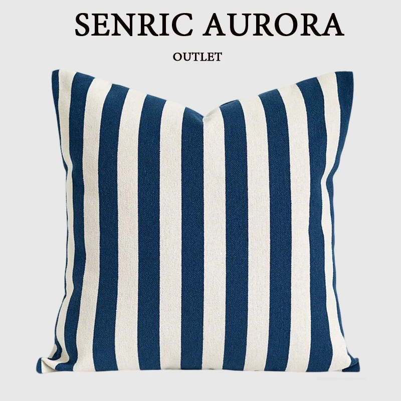 Mediterranean Prussian Blue Pillowcase Striped Pillow Cover Cotton Linen Texture Square Cushion Cover For Home Hotel Sofa Bed