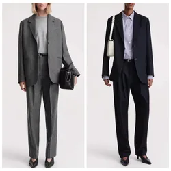 2023 New Autumn Wool Blended Silhouette Textured Suit Jacket Mid-waist Straight Trousers Suit