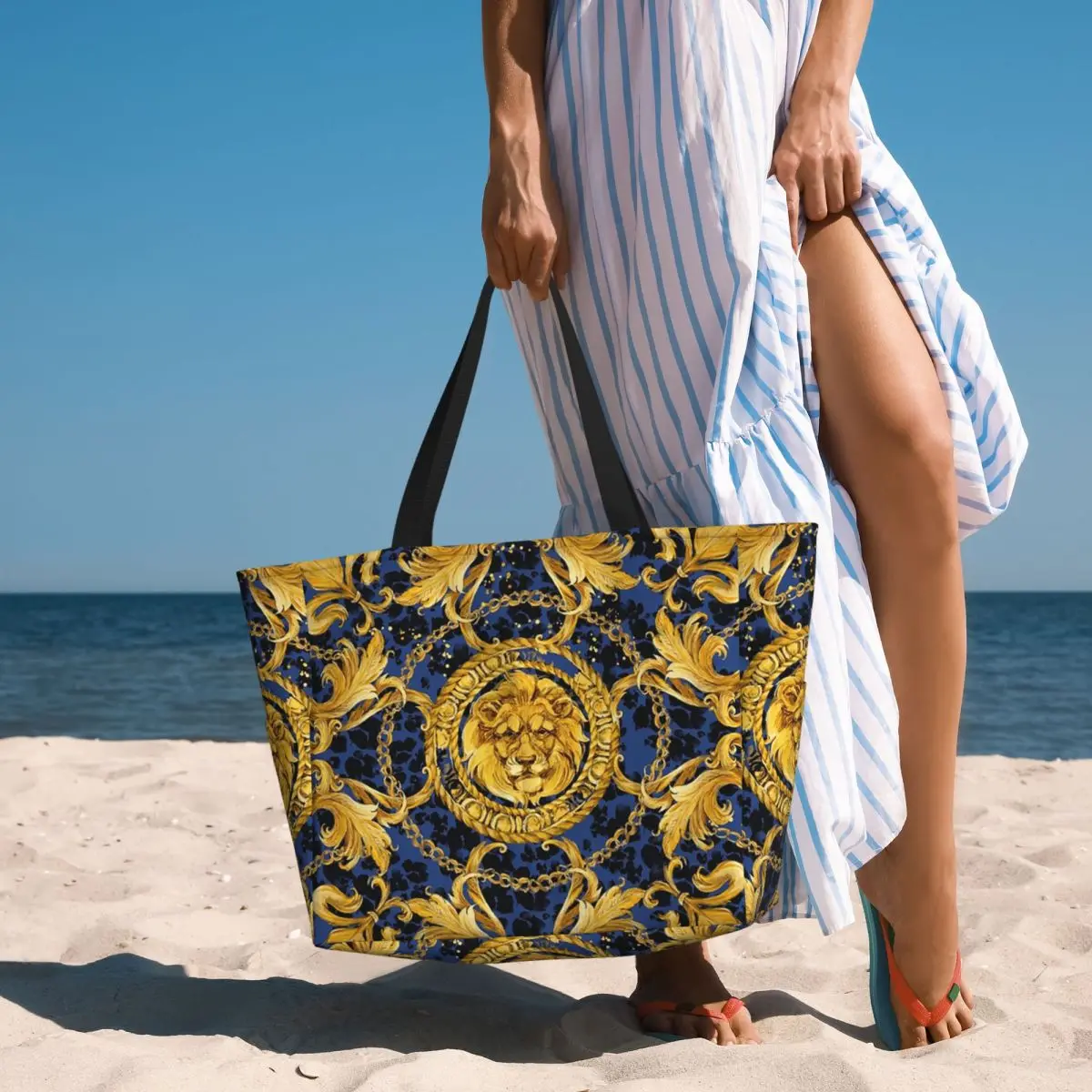 

Golden Lion Baroque And Damask Ornament Beach Tote Bag Sport Gym Yoga Duffle Large Tote Bag Women Travel Bag Fitness bag