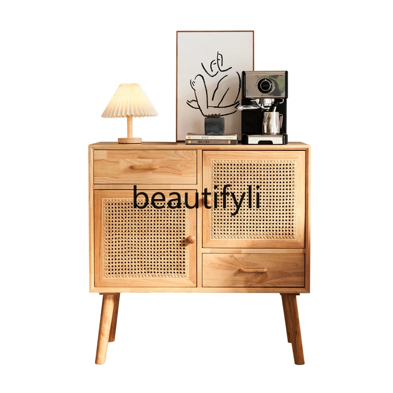 

Side cabinet Solid wood household large-capacity small apartment rattan locker Modern simple living room storage
