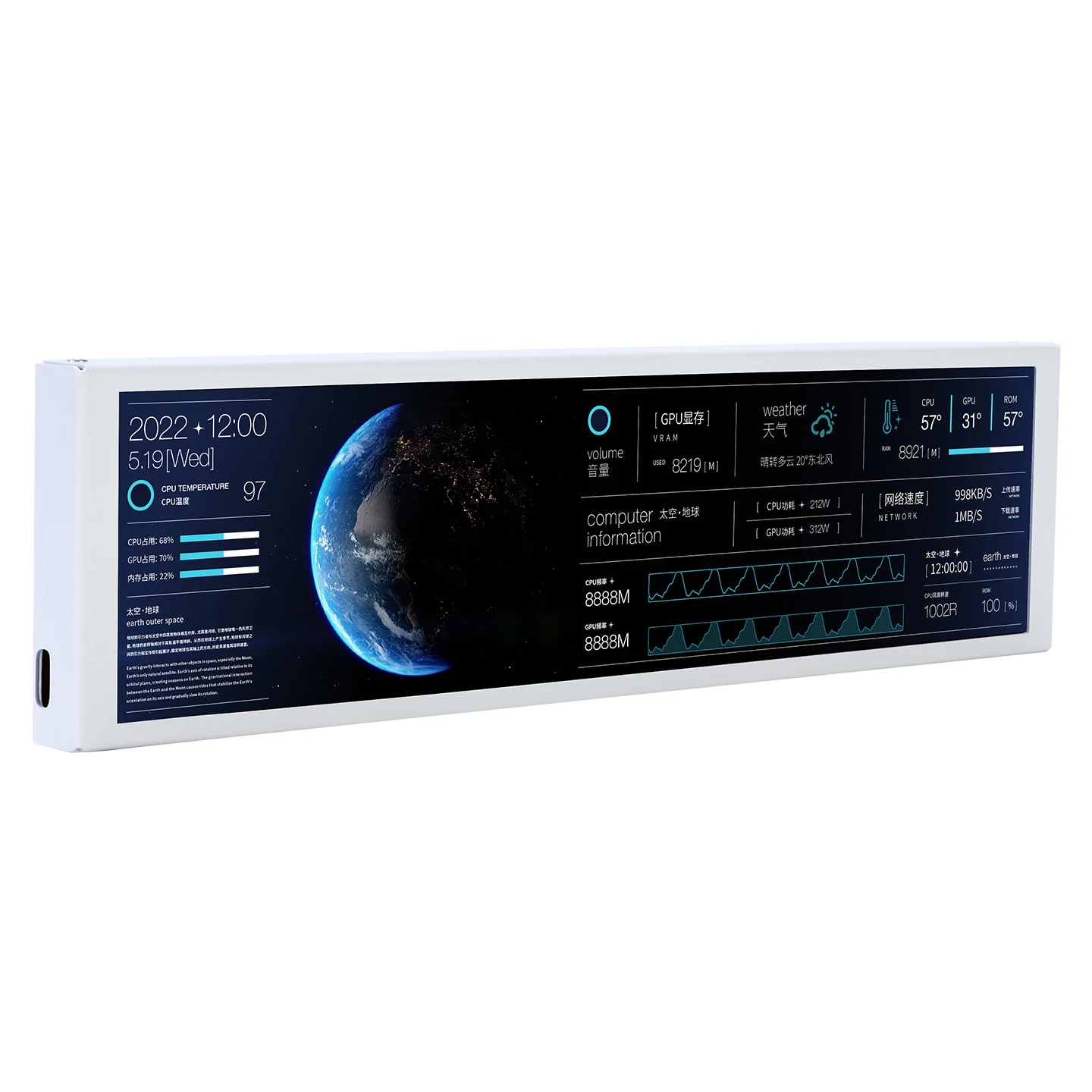 TURZX 9.2인치 USB 보조 화면 컴퓨터 케이스용 1920*462 IPS LCD 타입-C 디스플레이 CPU RAM GPU HDD FPS 날씨 모니터