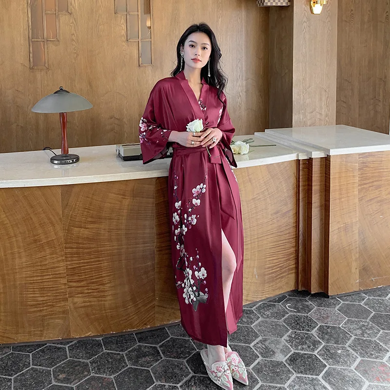 New Nightgown Women's Spring and Summer Thin Ice Silk Satin Atmospheric National Style Luxury Lace-up Morning Gown Loungewear