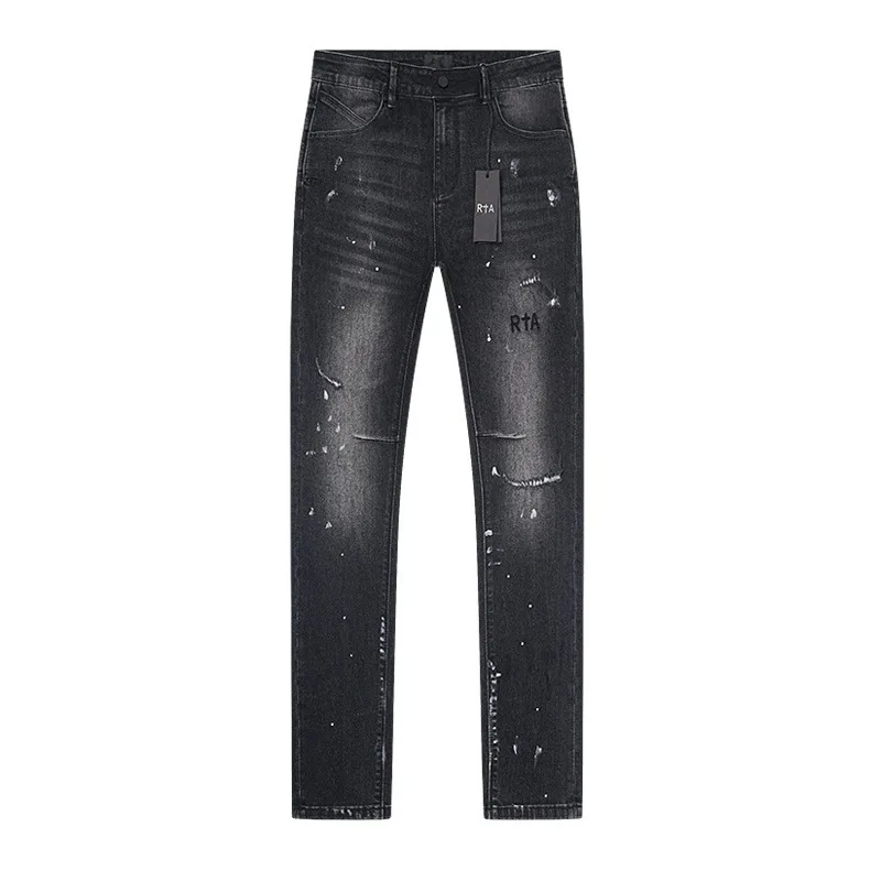 

26SS New Arrival RTA Men's Distressed Paint Graffiti Jeans vintage wash Light Blue Elastic Slim Fit patchwork Jeans Brand pants