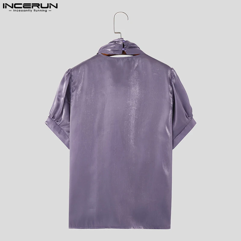 2024 Men T Shirt Solid Color Satin Turtleneck Short Sleeve Hollow Out Streetwear Men Clothing Pleated Fashion Tee Tops INCERUN