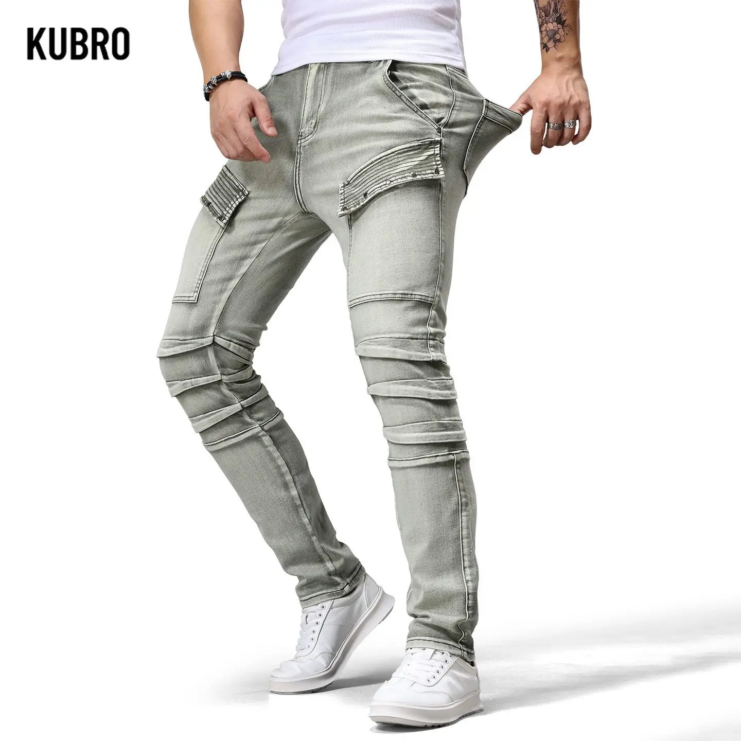 Retro Motorcycle Denim Jeans Men's Trending Patchwork Handsome Slim Fit Long Pants Fashion Board Straight Leg Jeans Denim  Pants