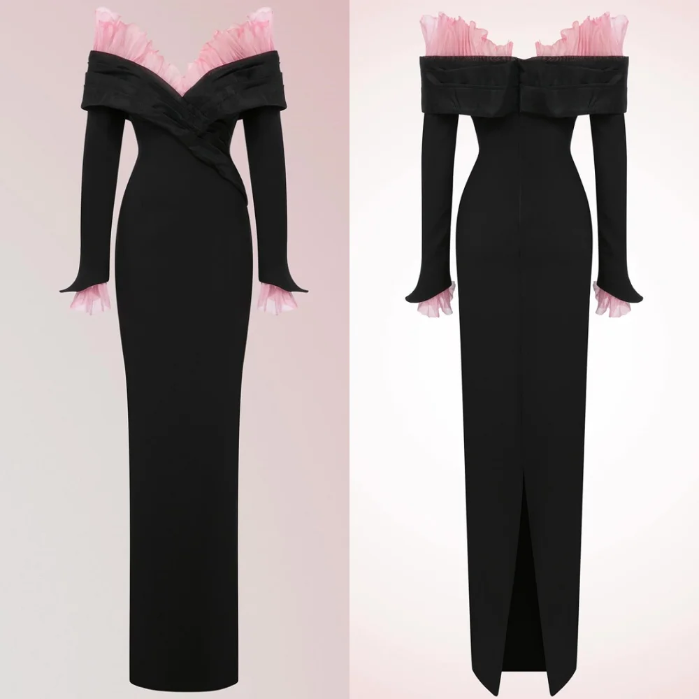 

Customized Delicate Black Jersey Evening Dress Simple Strapless Off the Shoulder Long Sleeves Zipper Back Special Occasion Gowns