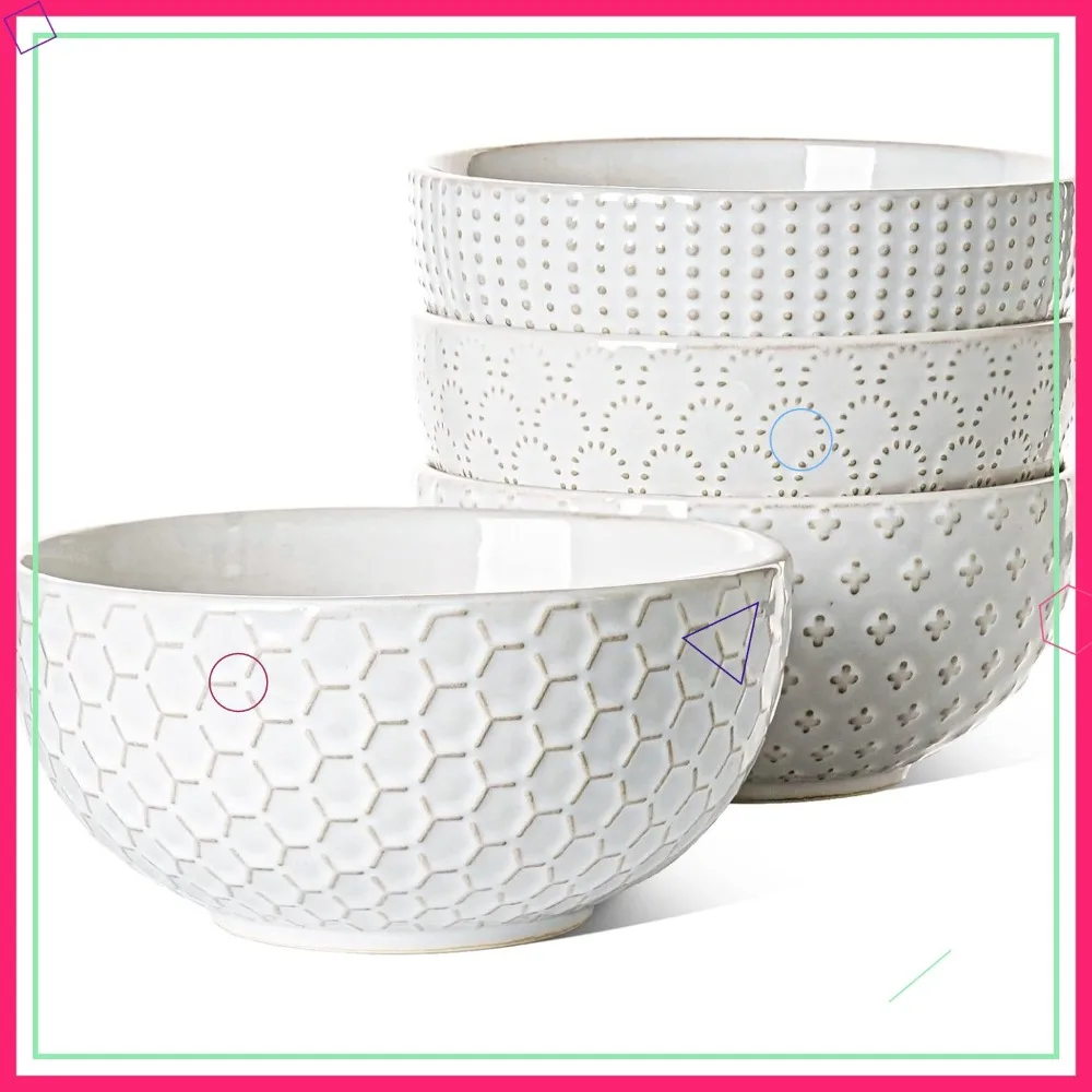 

Large 42 OZ Ceramic Soup Bowl Set for Pho, Pasta, Salad, Noodle - 7 Inch, Set of 4 in Arctic White