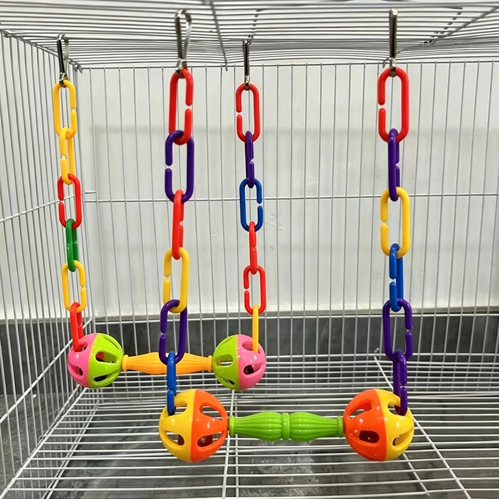 2pcs Colorful Bird Cage Hanging Perch Swing Toy Plastic Connecting Chain Parrot Swing with Rattle Balls Entertainment Toy