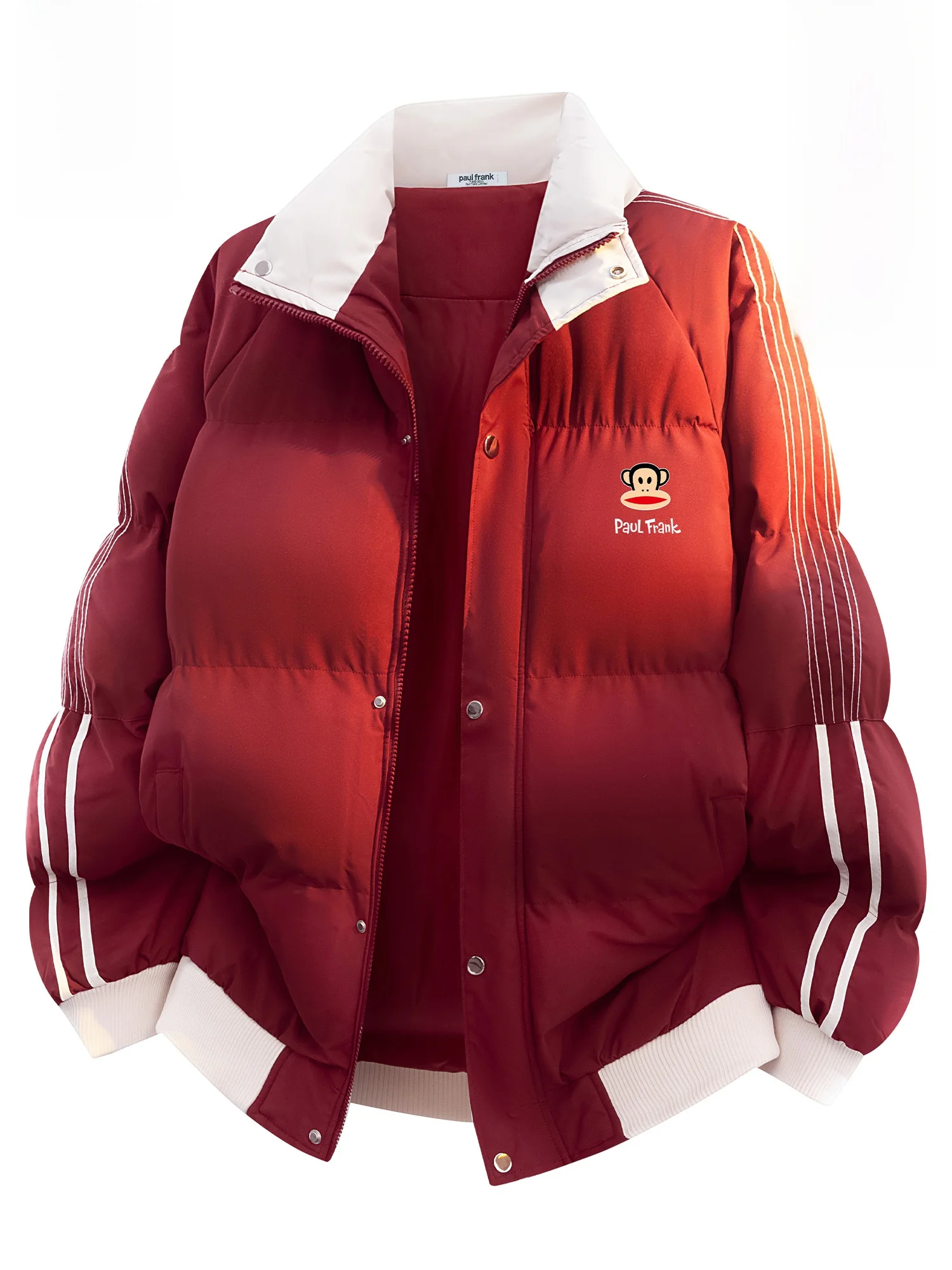 

Мужская зимняя куртка Paul Frank из красного хлопка с воротником-стойкой, в полоску, теплая, свободного кроя, повседневная верхняя одежда, дизайн «Год Обезьяны», полиэстер