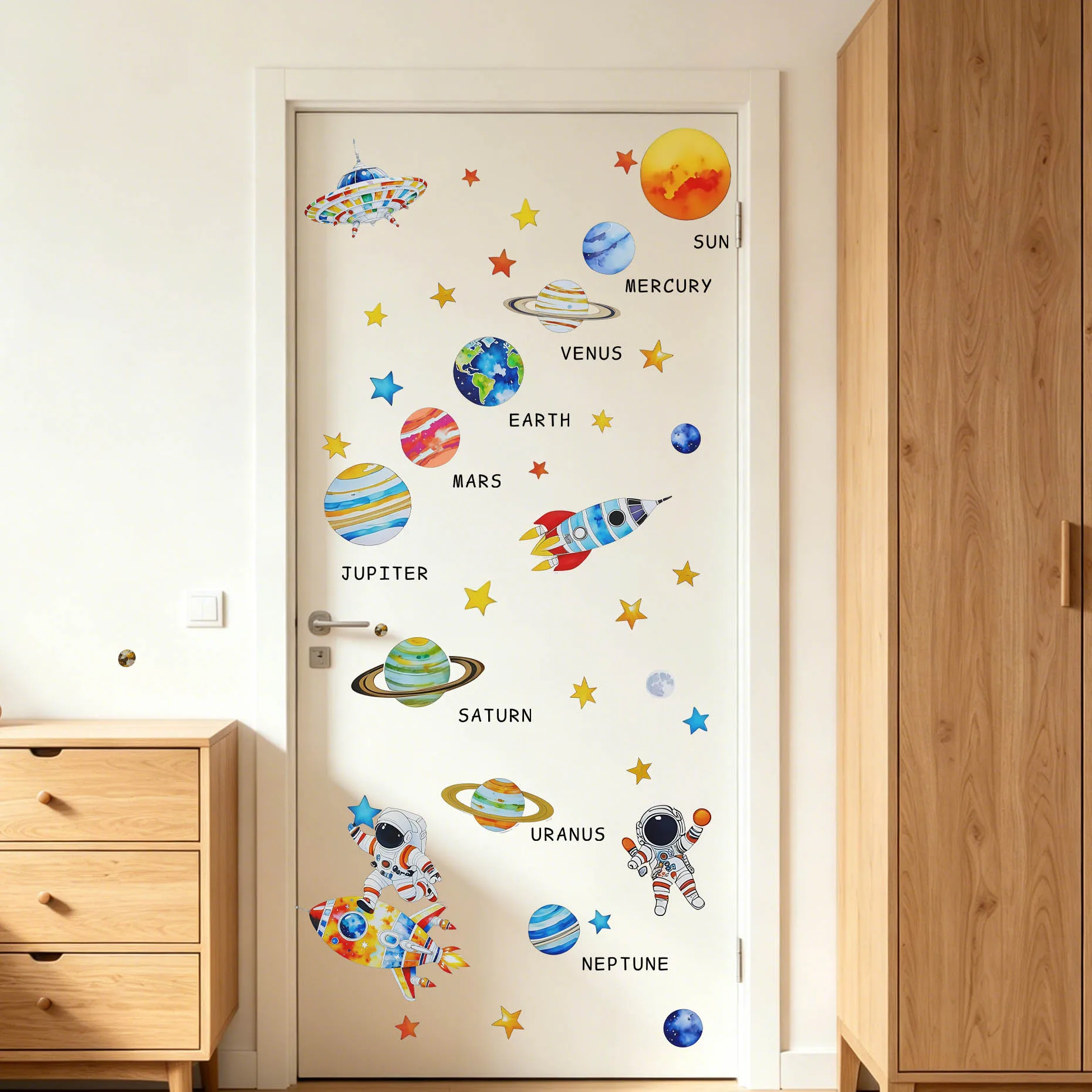 Sternenhimmel-Astronauten-Raketen-Wanddekoration mit Neun-Planeten-Hintergrund, Abnehmbar für Kinderzimmer oder Wohnzimmerwand – Detail 1