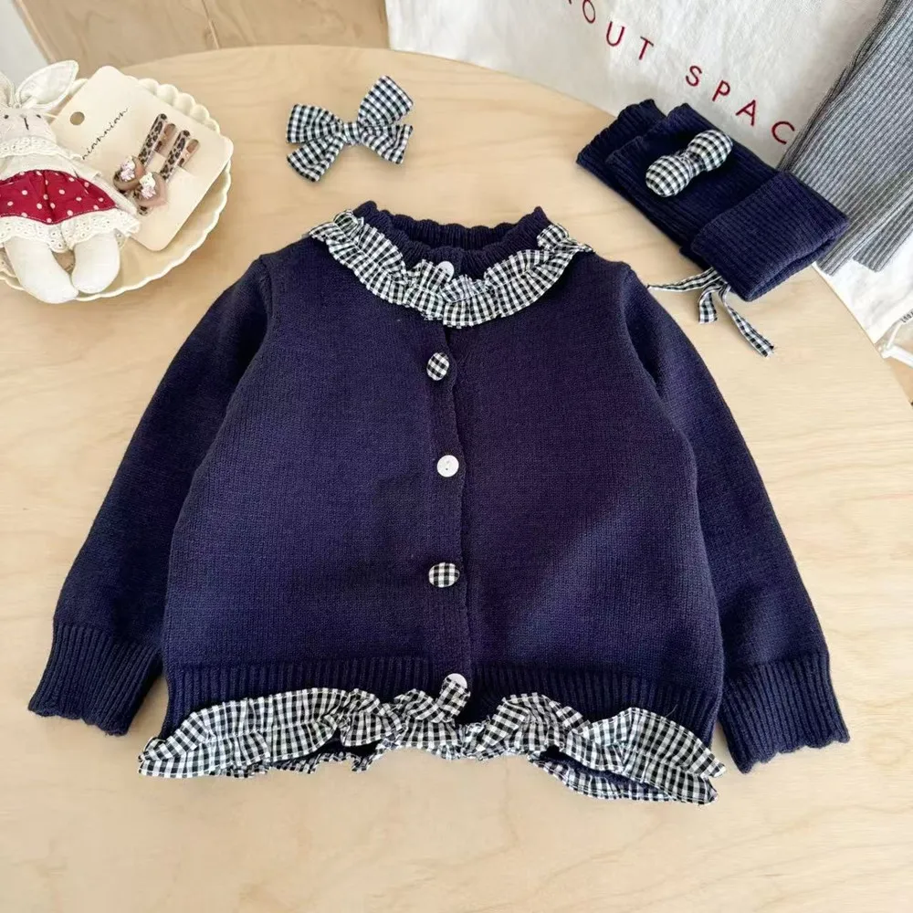 Children's Clothing New Autumn Girls Plaid Splicing jumper Cardigan Bow Bottoms Two-piece Set 90-140cm