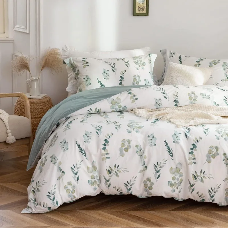 Duvet Cover Leaf Pattern - 100% Washed Cotton Navy Blue Leaves Printed Watercolor Comforter Cover Set Linen Feel Bedding