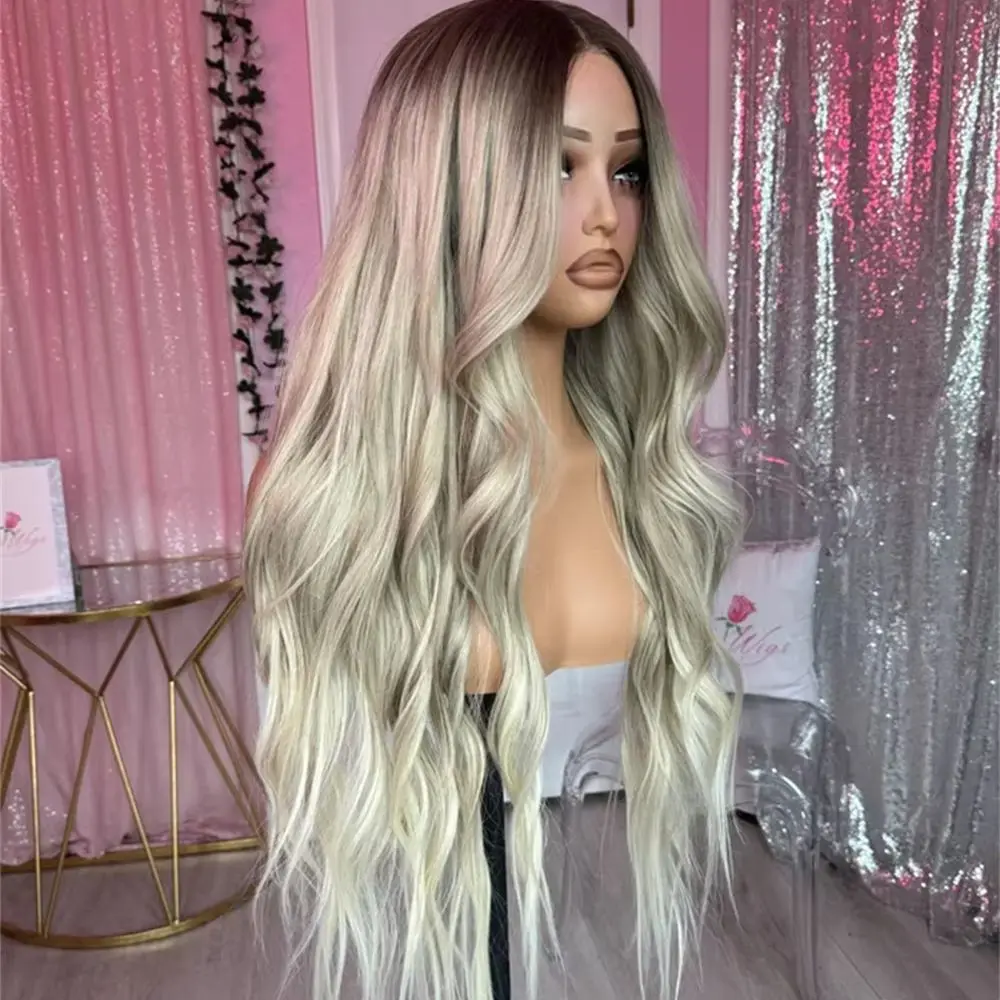 

New In Highlights Ash Blonde Wig Synthetic Lace Front Wig Glueless Pre Plucked Heat Resistant Fibre Long Wavy Wig Dark Roots