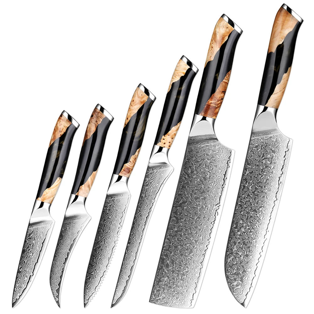 Kitchen Knife Set 1-6PCS Japanese Damascus Steel Chef Knife, Paring Knife, Boning Knife Slicing Sharp, Black Resin Wood Handle