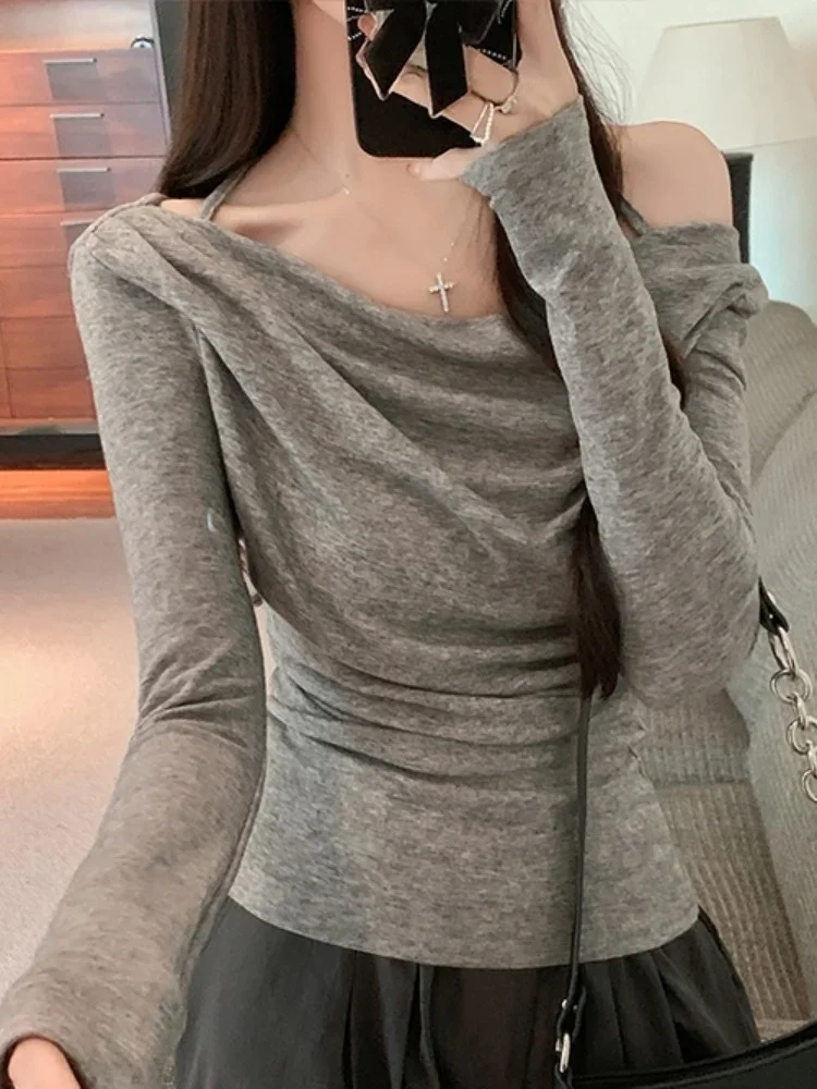 Pure Desire Atmosphere Long Sleeve Shoulder Bared T Shirt Women Autumn Winter Sle Casual Korean Version Slim Fit