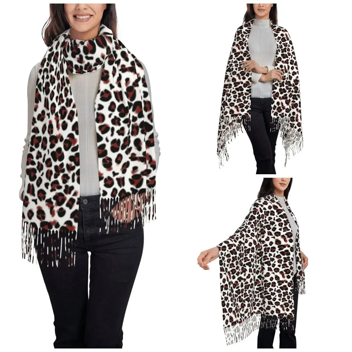 Leopard Skin Texture Scarf for Women Warm Winter Cashmere Shawl Wrap Animal Long Scarves with Tassel Daily Wear