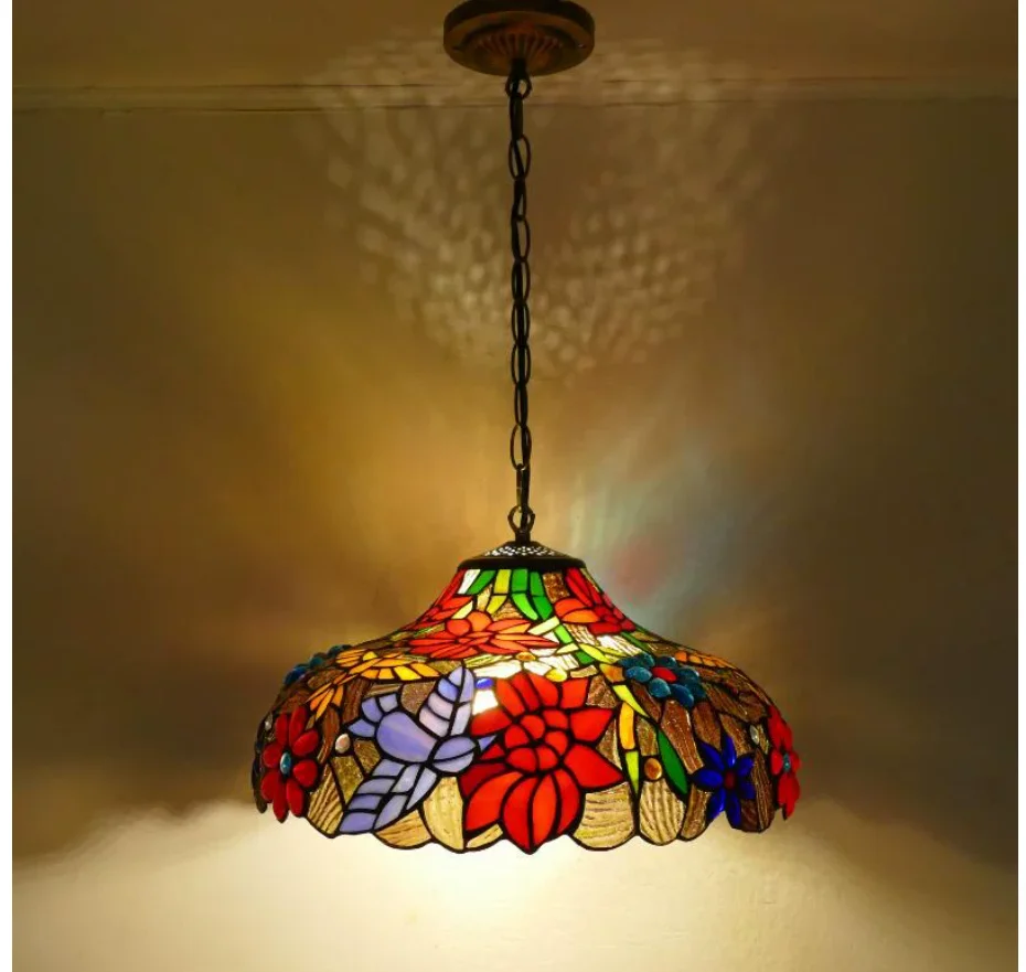 Baroque Style Restaurant Tiffany Country Semi-Flush Light Classic D40cm Pendant Lighting Living Room Stained Glass Pendant Lamp