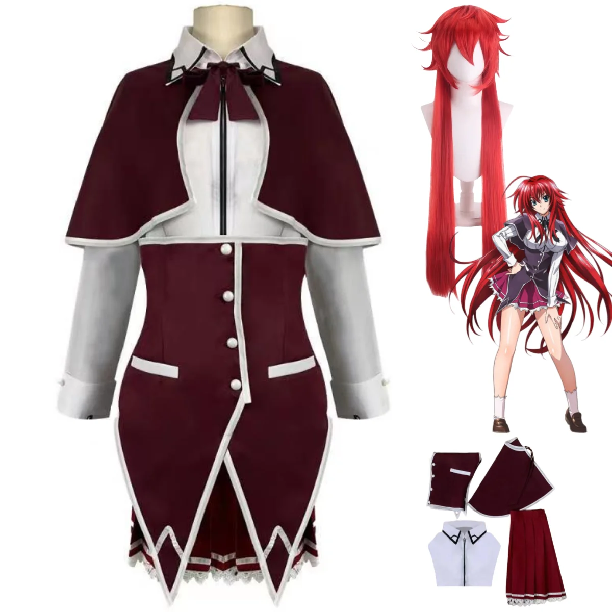 Anime High School D×D Rias Gremory Cosplay Costume Wig Red School Uniform Shawl Shirt Skirt Woman Sexy Cute Halloween Suit