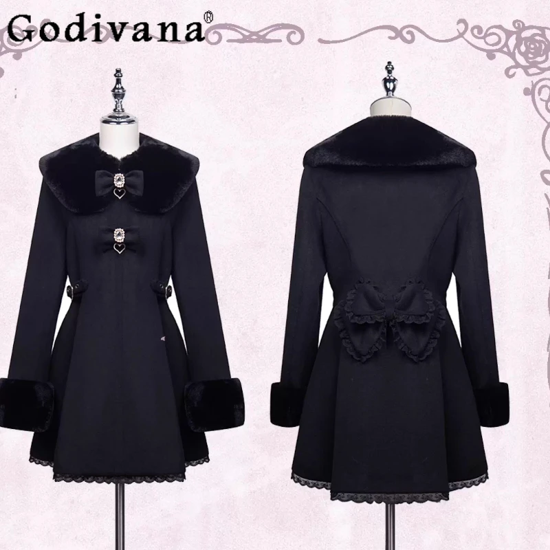 

Японское однобортное шерстяное пальто с меховым воротником и бантом, женское облегающее универсальное шерстяное пальто трапециевидной формы, пальто