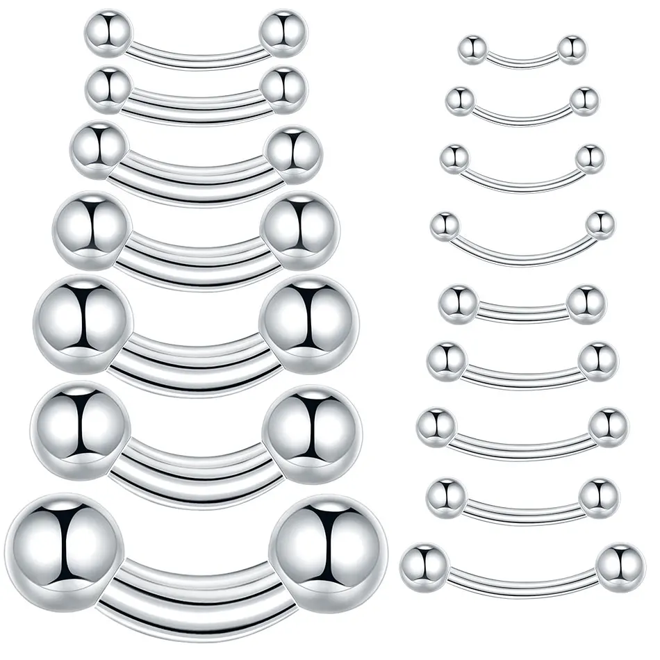 1PC Edelstahl gebogener Langhantel-Nasenring, großes Messgerät, 16G-00G, mit Gewinde und Kugeln, Ohrring, Lippenbolzen, Augenbrauen, Labret-Piercings