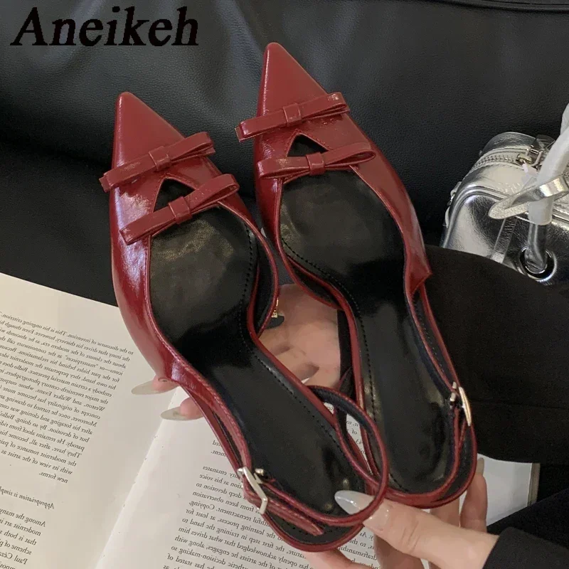 

Aneikeh/летние женские пикантные черные туфли на высоком каблуке с острым носком и пряжкой, босоножки на узком каблуке, женские модельные туфли-мюли