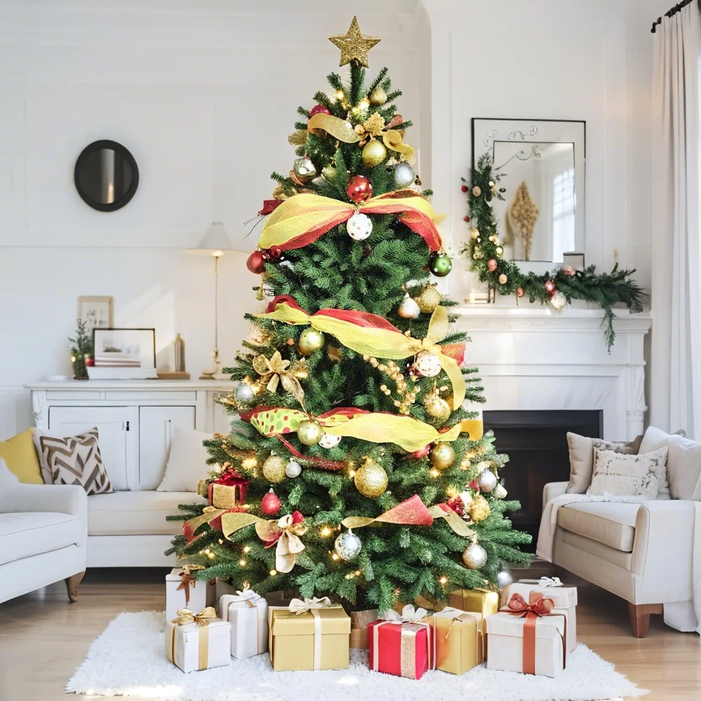 

Рождественская цветочная лента, сетка, рождественская лоза, красный, зеленый шар, лента, лестница, домашнее уличное украшение для вечеринки, подвесное украшение