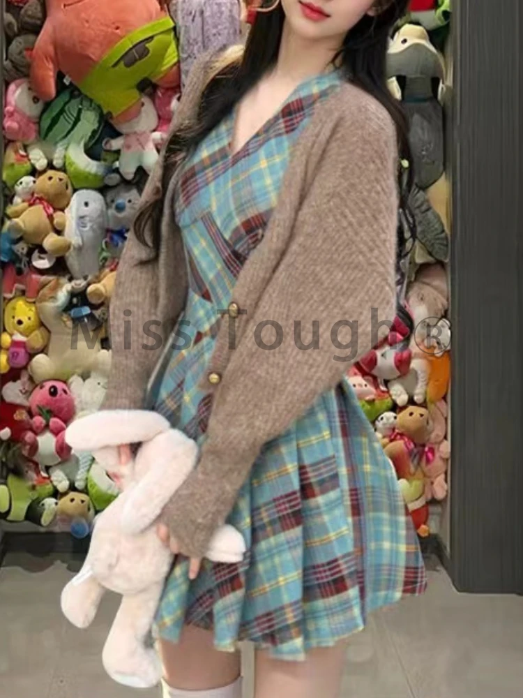 Winter Korean College Style Sweet 2 Piece Set Soft Knit Cardigan + Retro Plaid Dress New Fashion Vintage Party Dress Outfit 2024