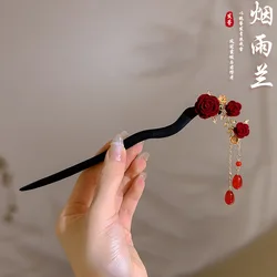 Chinese Floral Hair Stick Chopstick Sandalwood Girl Hairpin For Women Red Rose Flower Hair Bun Jewelry Vintage Tassel Hair Class
