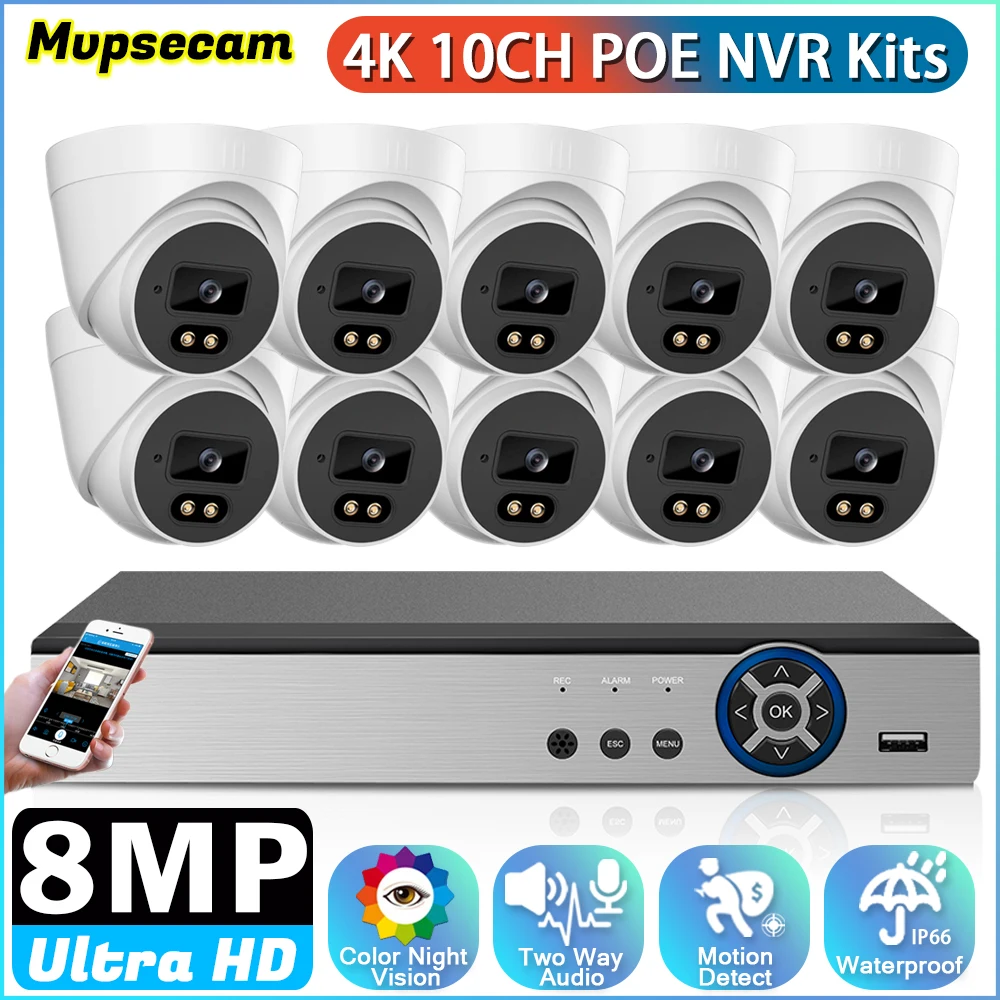 

8MP 4K HD Video Surveillance System Security POE IP Camera Outdoor Smart 4K CCTV NVR 2-Way Audio POE NVR Kit Color Night Vision