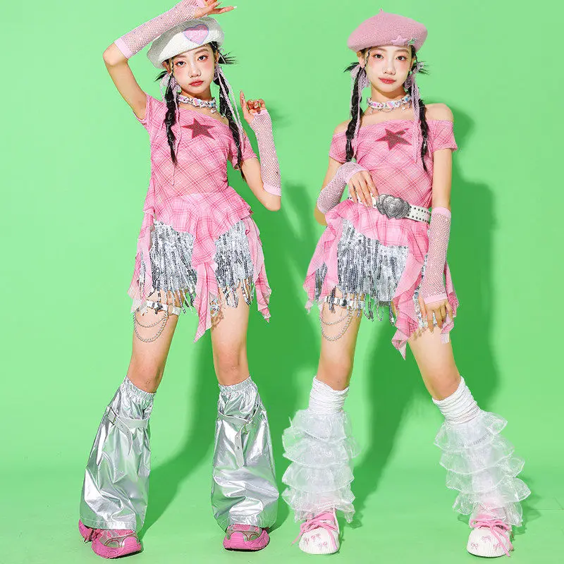 

Jazz Dance Clothes Girl Kpop Performance Costume Pink Top Silver Sequin Shorts Model Runway Show Outfit Fashion Streetwear 3519