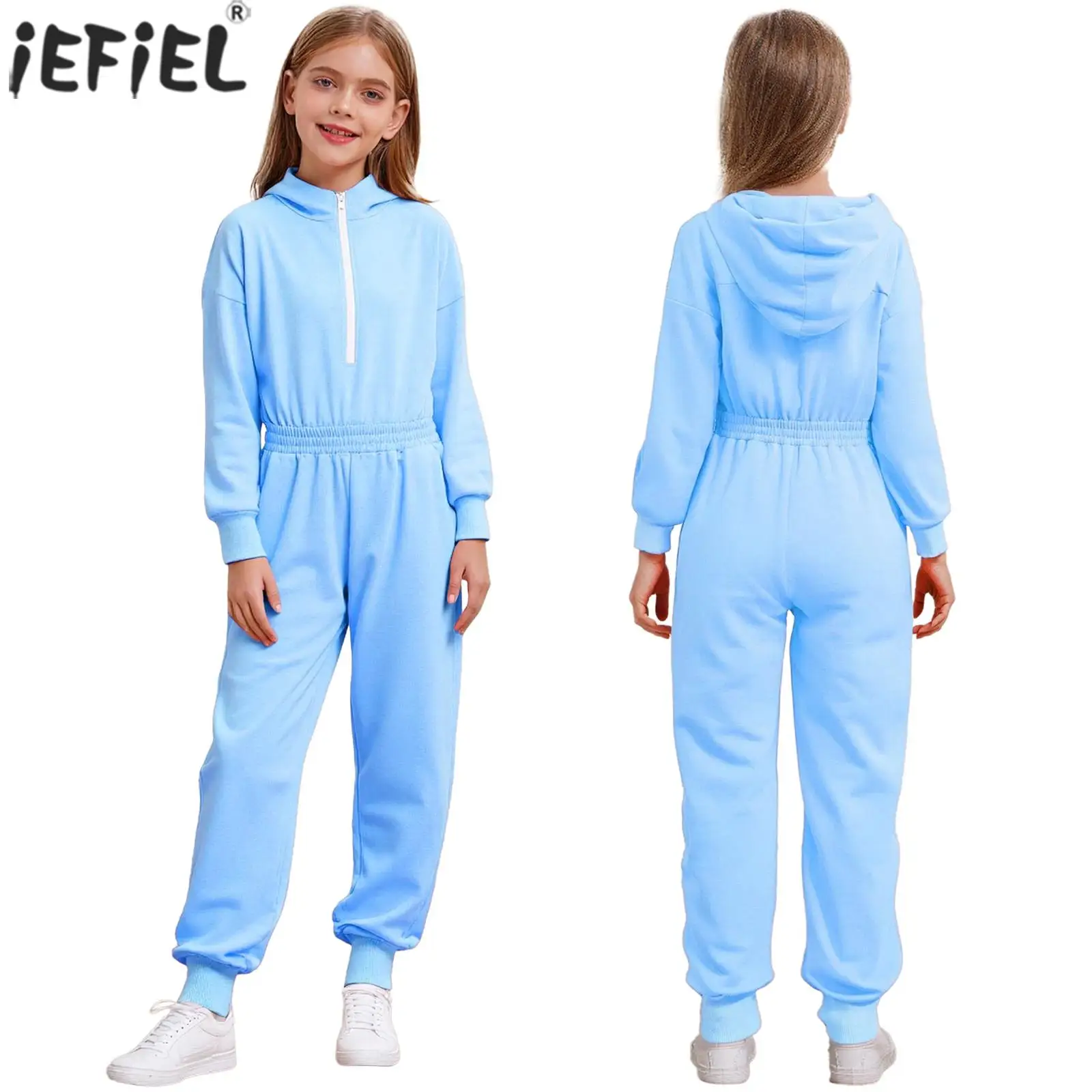 Kinder Mädchen Casual Kapuzen Overall Front Zipper Langarm Elastische Taille Strampler mit Taschen Schule Hip Hop Dance Streetwear