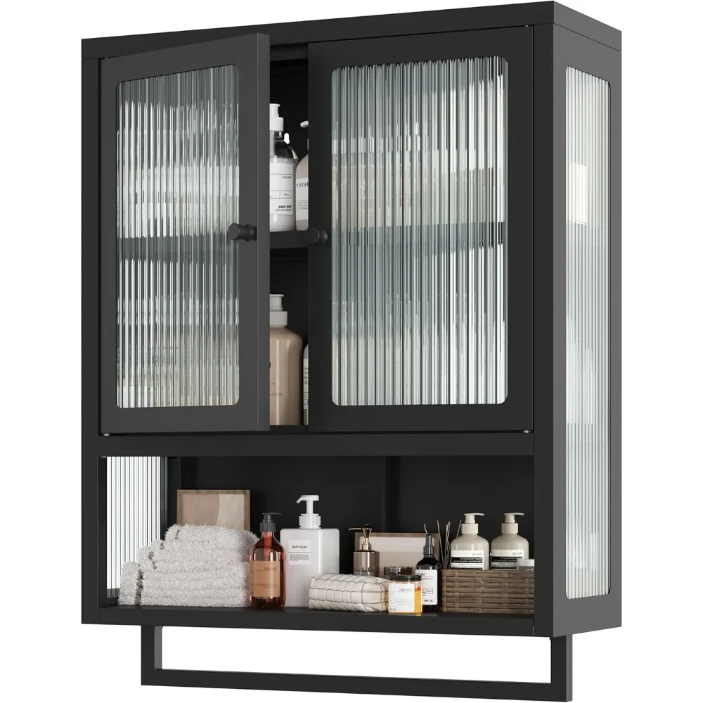 

Bathroom Wall Cabinet, Over The Toilet Space Saver Storage Cabinet, Medicine Cabinet With 2 Glass Door And Towel Bar, Metal Wall