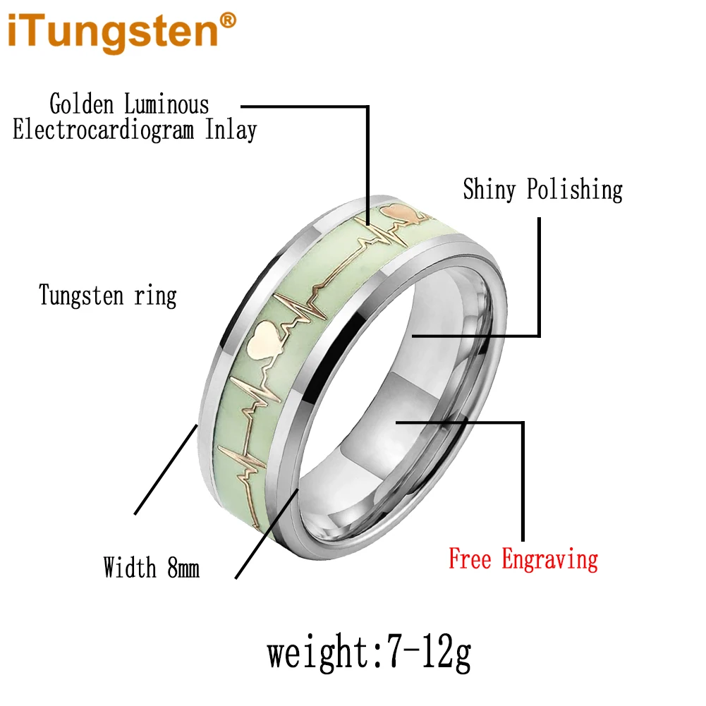 Itungsten 8mm Gold Electrocardiogram Luminous Glow Inlay Tungsten Carbide Wedding Ring for Men Women Polished Bevel Edges