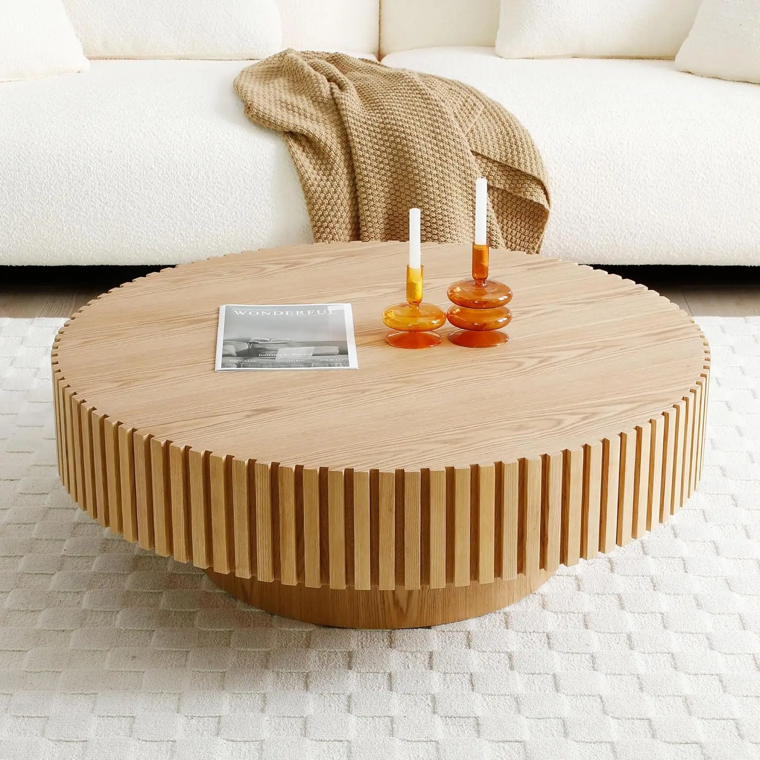 Round Coffee Table Wood Coffee Table for Living Room, Contemporary Circle Fluted Coffee Table, Easy Assembly ø31.49'', Wood